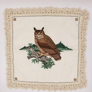 Handmade Horned Owl Perched On A Branch Cranston Print Crocheted Trim Doily